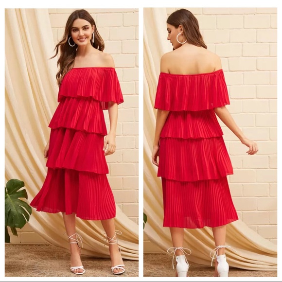 Dresses & Skirts - Red off shoulder layered pleated tier dress - NWOT